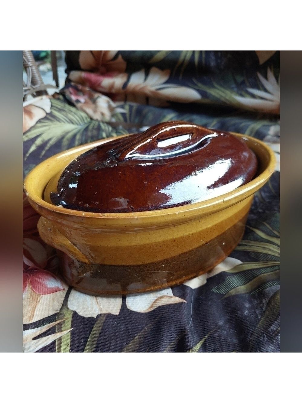 Vintage 50s La Bourbuignontie Glazed Terracotta #6 Paté Casserole Dish with Lid